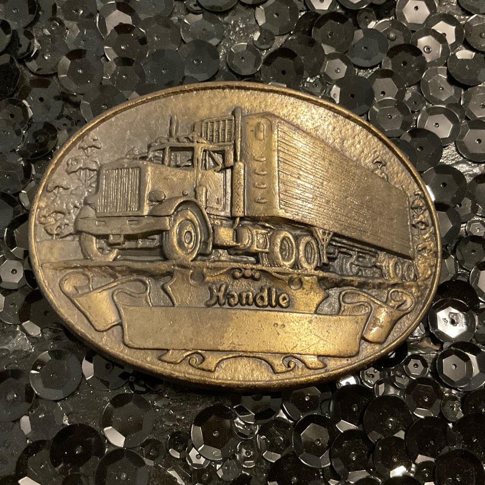 Brass Colored Belt Buckle w/ Semi Truck Handle 3251 likely vintage